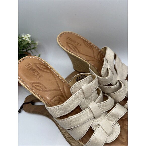 Born Sandals Tan Leather Woven Wedge Block Heel Slip-on Cross Strap Women Sz 9 - Picture 11 of 13